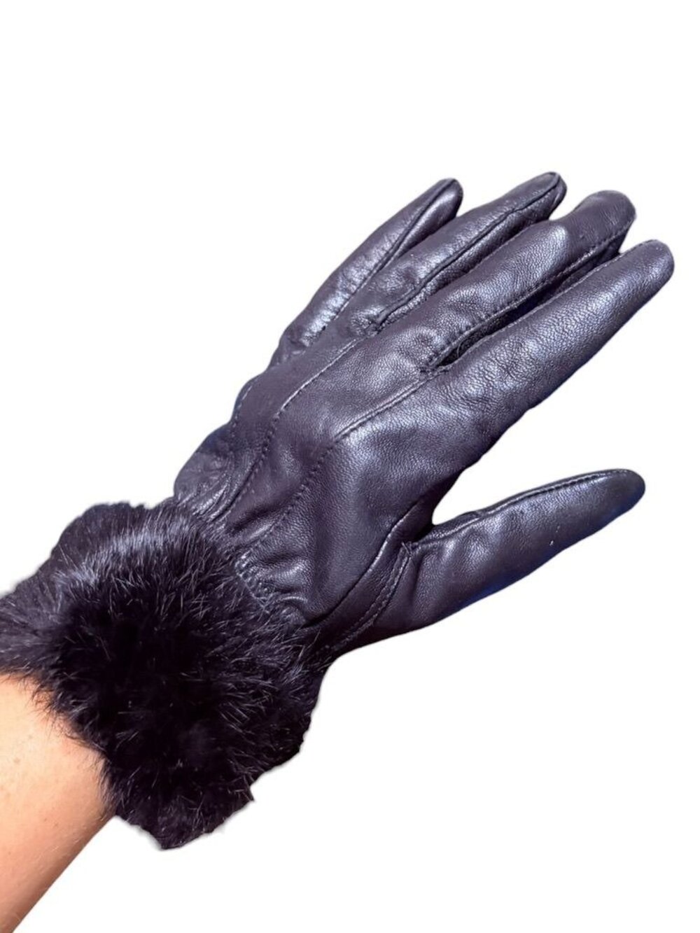 Leather Fur Trimmed Gloves Black Women M EUC Classic Winter Glam EUC